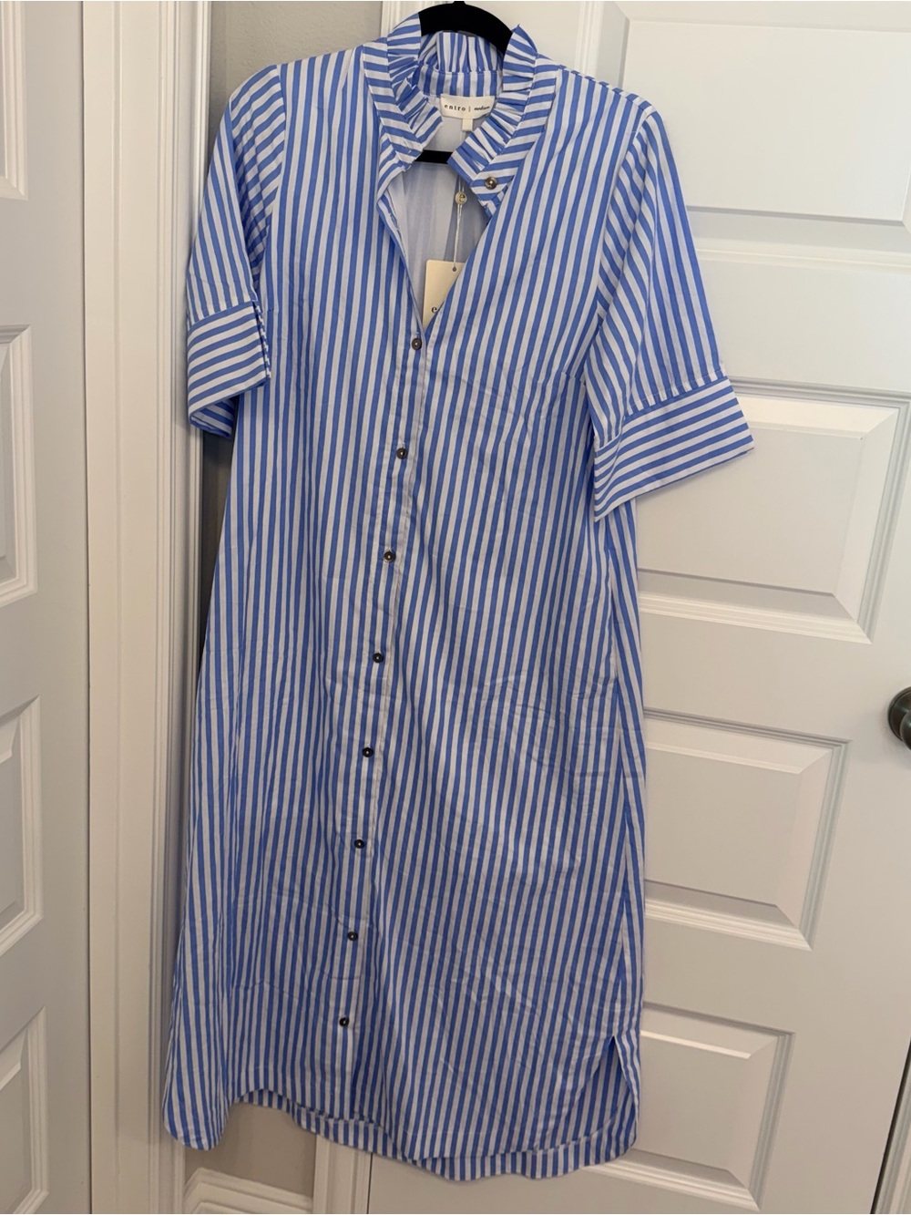entro Blue Striped Button Front Ruffle Collar Shirt Dress - Picture 3 of 6